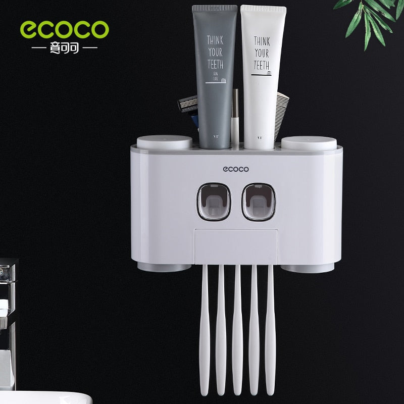 ECOCO Wall Mount Automatic Toothpaste Squeezer Dispenser and Toothbrush Holder