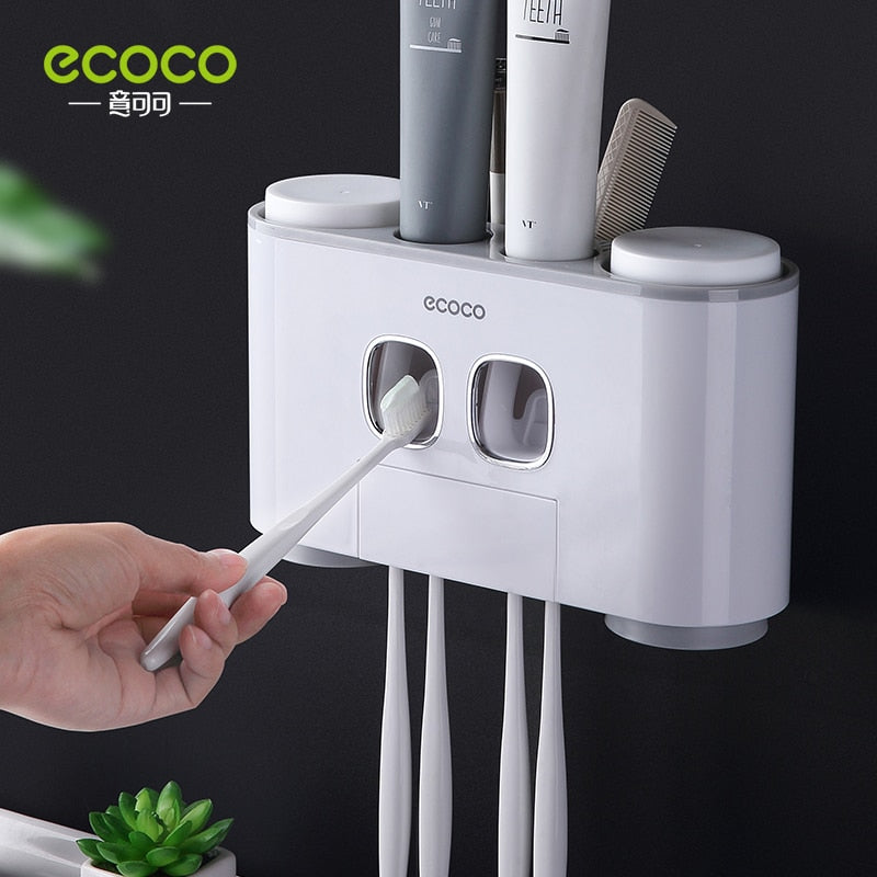 ECOCO Wall Mount Automatic Toothpaste Squeezer Dispenser and Toothbrush Holder